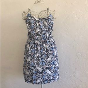 Blue Flower And Bird Print Spaghetti Dress